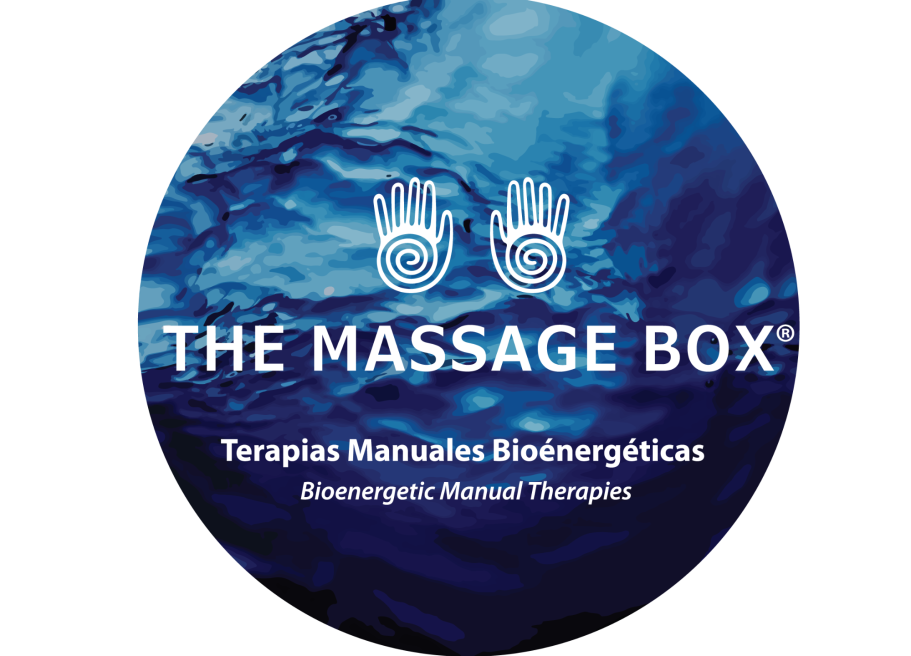 Logo de The Massage Box, con manos y el lema "Terapeas Manuales Bioenergéticas".